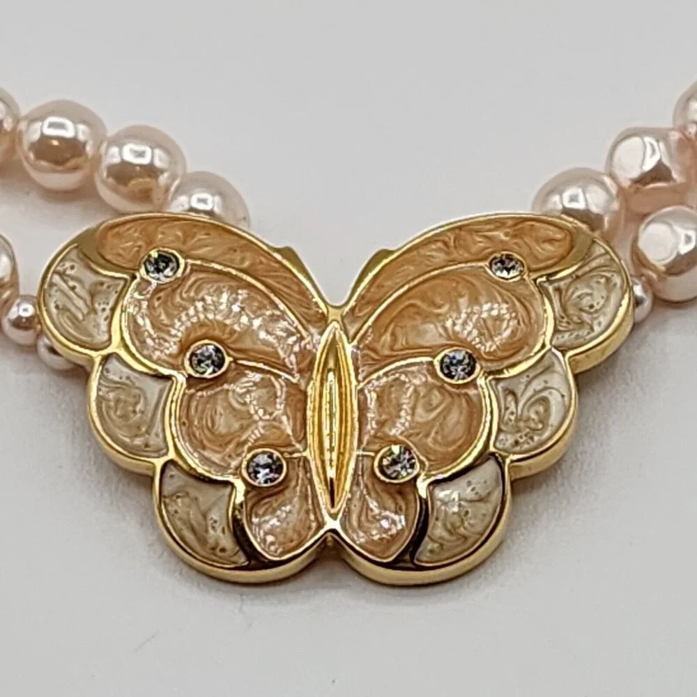Vintage KJL For Avon Faux Pearl, Enamel Butterfly Necklace - Picture 3 of 12